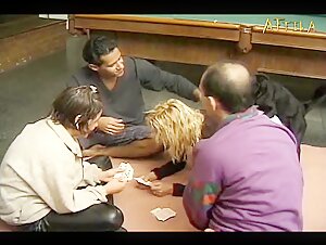 A card game that ends well for this horny blonde in a thong