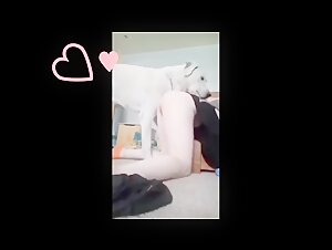 A woman alone at home with her dog