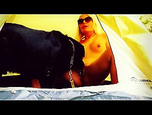 Blonde Unmasked Beastly Intense Kiss with Dog in a Tent