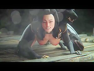 Woman and dog - Front view