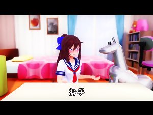 Woman and her robot dog in an extreme 3D experience